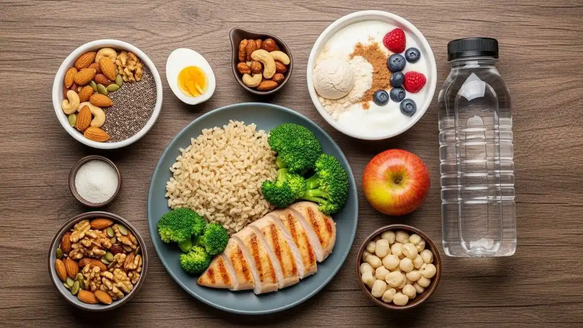 A balanced meal with chicken, brown rice, broccoli, fruit, nuts, yogurt, and water.