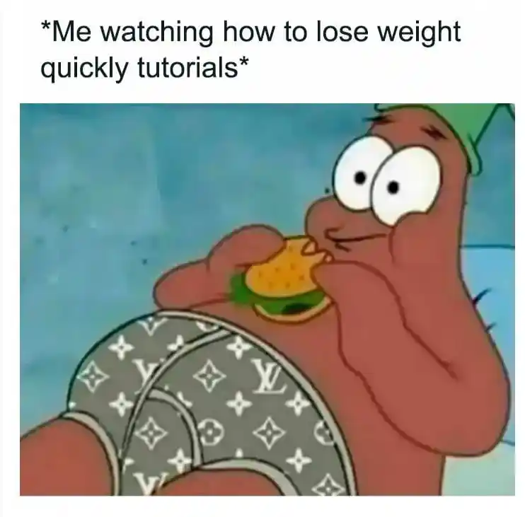 Patrick watching quick weight-loss tutorials while eating a burger.