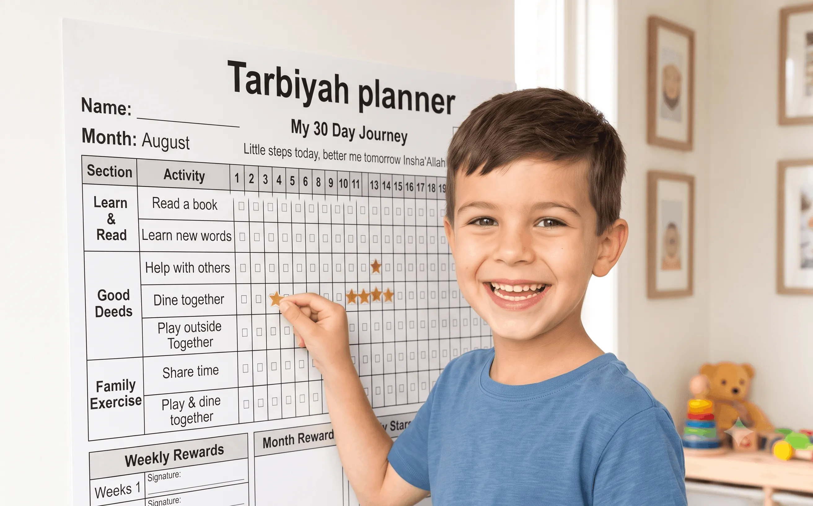 Child using a printed GrowHabits activity chart